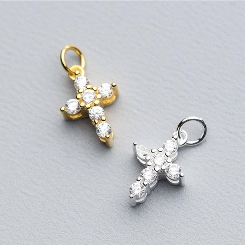 Cute Pendant 925 Sterling Silver Inlaid Zircon Gold Plated Cross Charm for DIY Jewelry Bracelet Necklace Making
