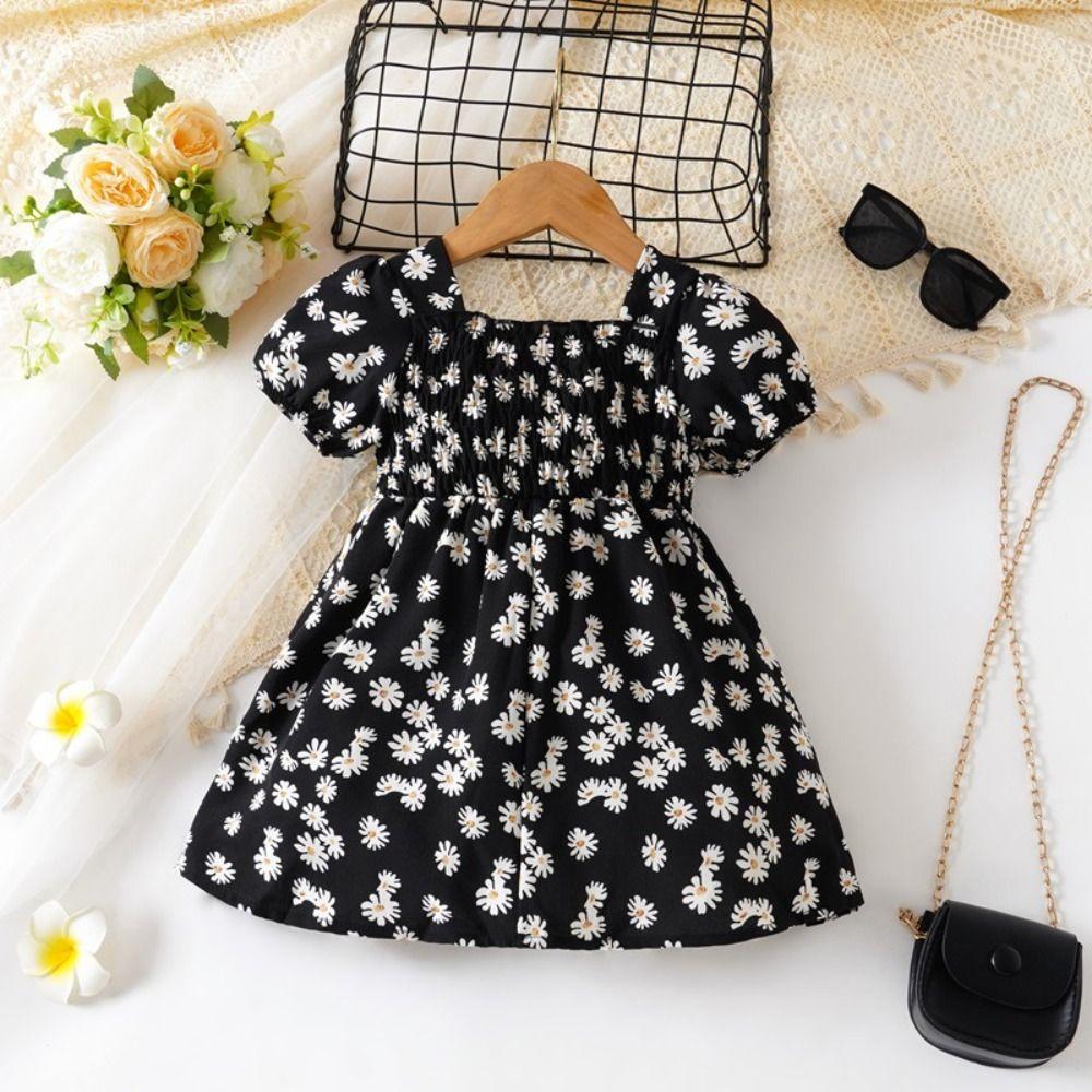 Square Collar Summer Flower Dress Puff Sleeve Toddle Dress Baby Girls Princess Dress Summer