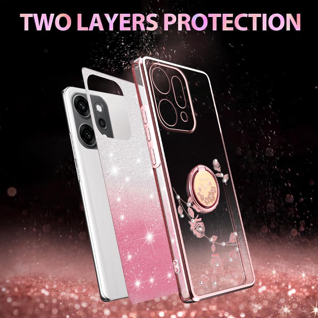KADEM For Oppo Reno14 Pro 5G (Global) Case Ring Kickstand TPU Flowers Phone Cover Gradient Glitter