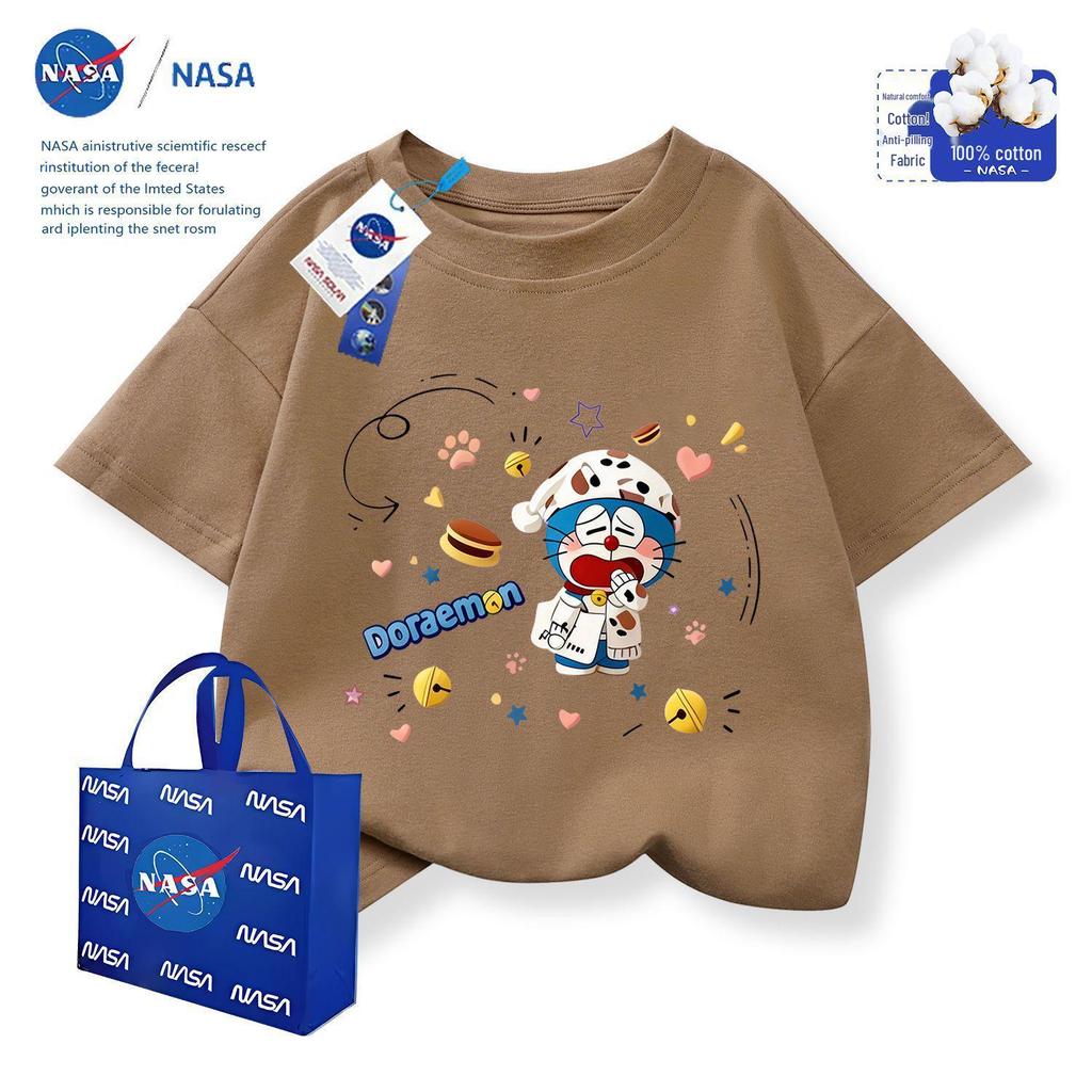 NASA x Doraemon Kids Cotton Round Neck T-Shirt with Embroidery Print, Short Sleeve