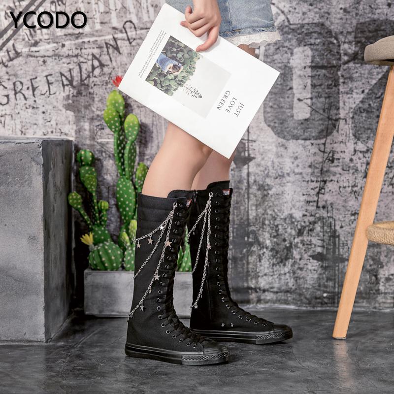 Spring Autumn Women Boots Canvas Mid Calf Boots Casual High Top Shoes Long Boots Lace Up Zipper Comfortable Flat Boots Size 34-43
