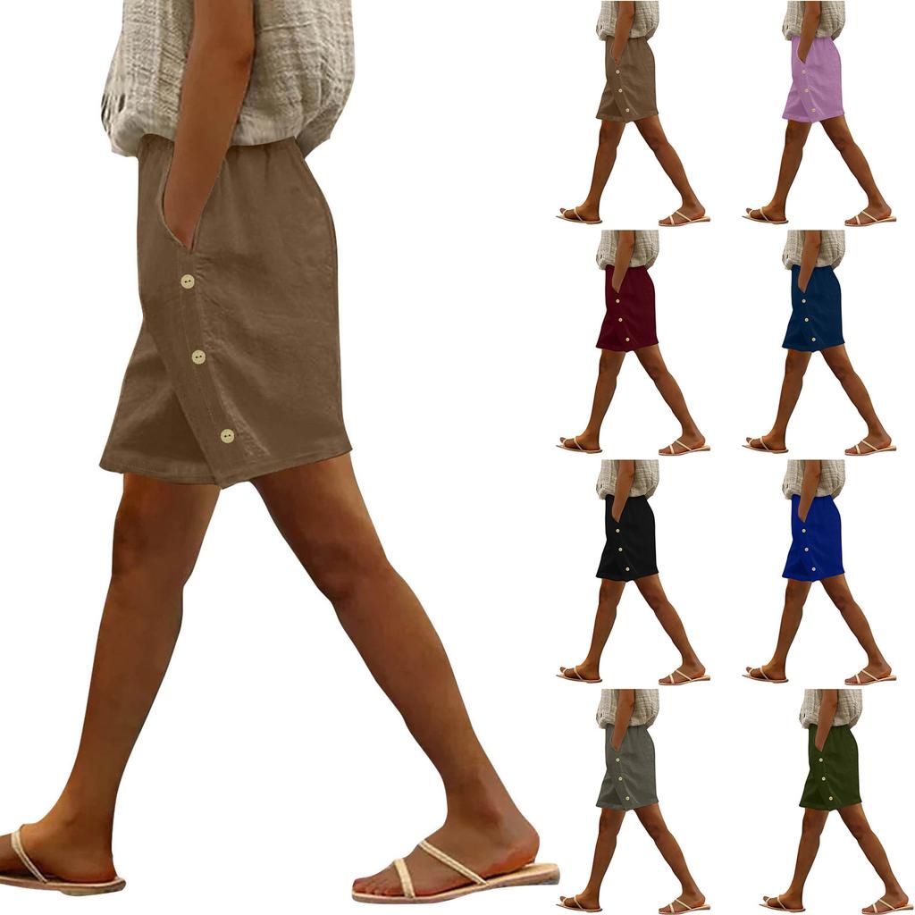 Женские модные повседневные свободные однотонные шорты из хлопка и льна с боковыми карманами на пуговицах и средней талией