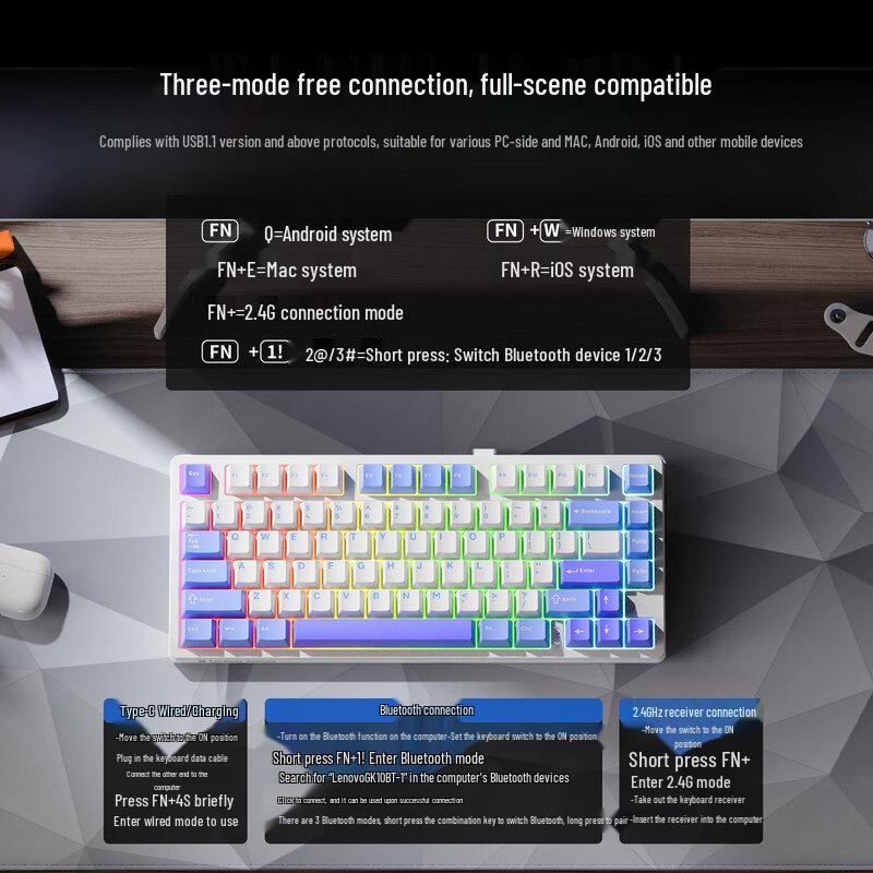 Lenovo GK10 Aurora Tri-Mode Hot-Swappable Mechanical Keyboard