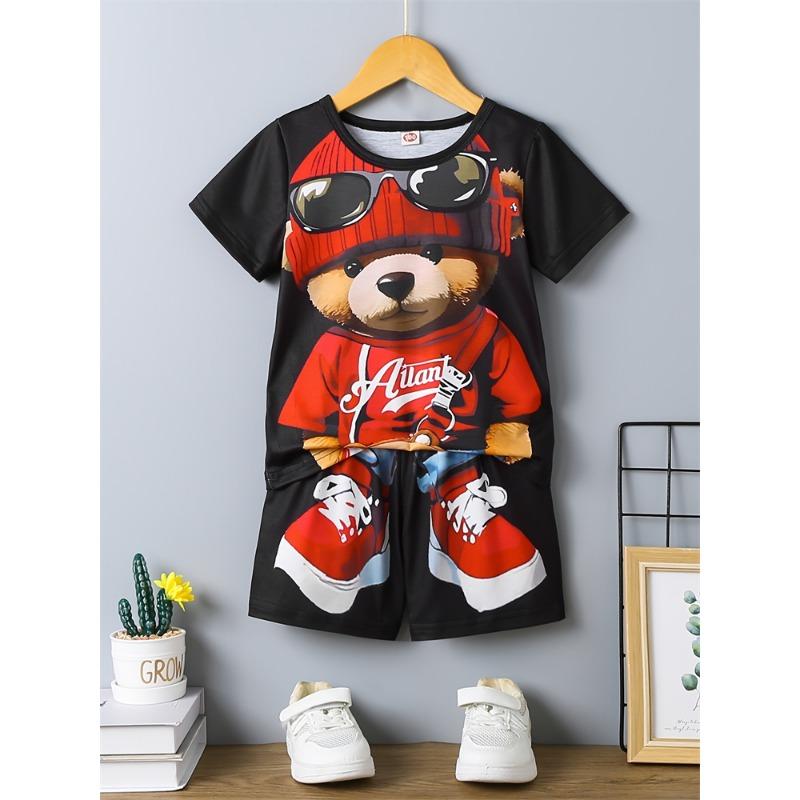 Комплект из 2 предметов: мужская футболка с коротким рукавом и шорты на шнурке с принтом мультяшного медведя, летний повседневный топ, мужские пляжные брюки для спорта на открытом воздухе