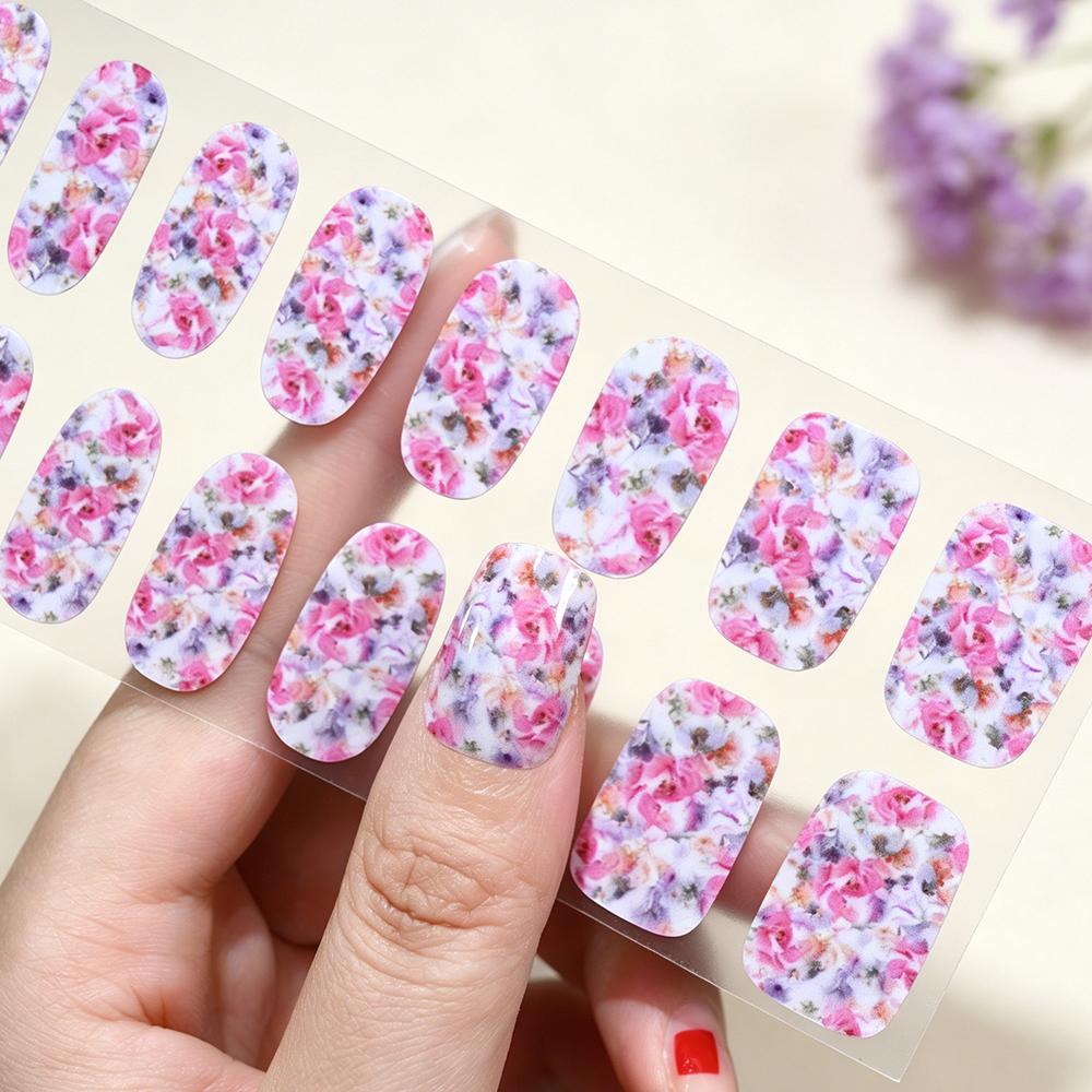 20tips Pink Purple Daisy Full Cover Nail Gel Stickers 3D Self-Adhesive Rose Lily Flower Nail Wraps Cute Summer Floral Nails*1pcs