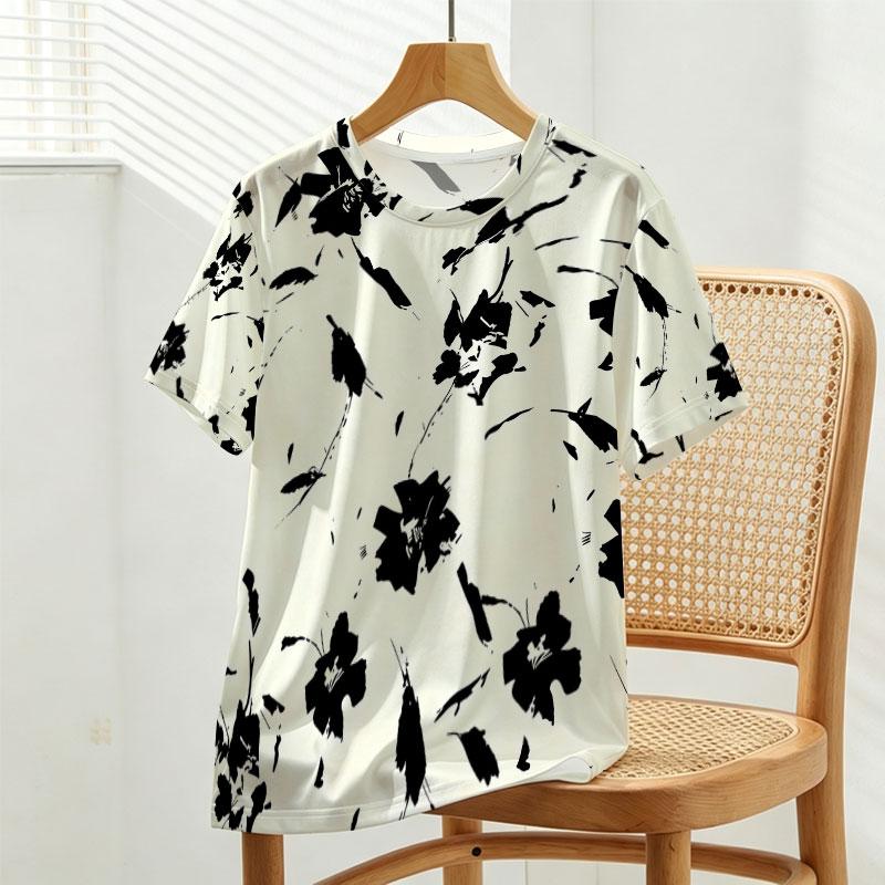 Women's Short Sleeve T-Shirt, American Basic Floral Top Soft & Breathable, Perfect for Summer Daily Casual Outings
