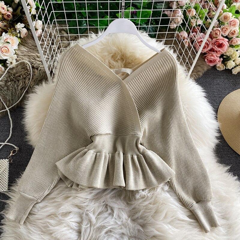 RUGOD Весенний новый яркий шелковый вязаный топ с v-образным вырезом и длинными рукавами, модный темпераментный короткий универсальный топ с тонкой спинкой и длинным рукавом