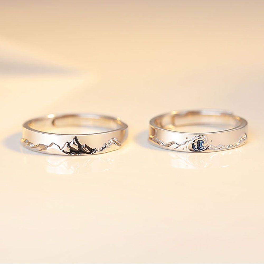 Weddings Valentine's Day Present Couple Rings Adjustable Mountain and Sea S925 Silver Plated