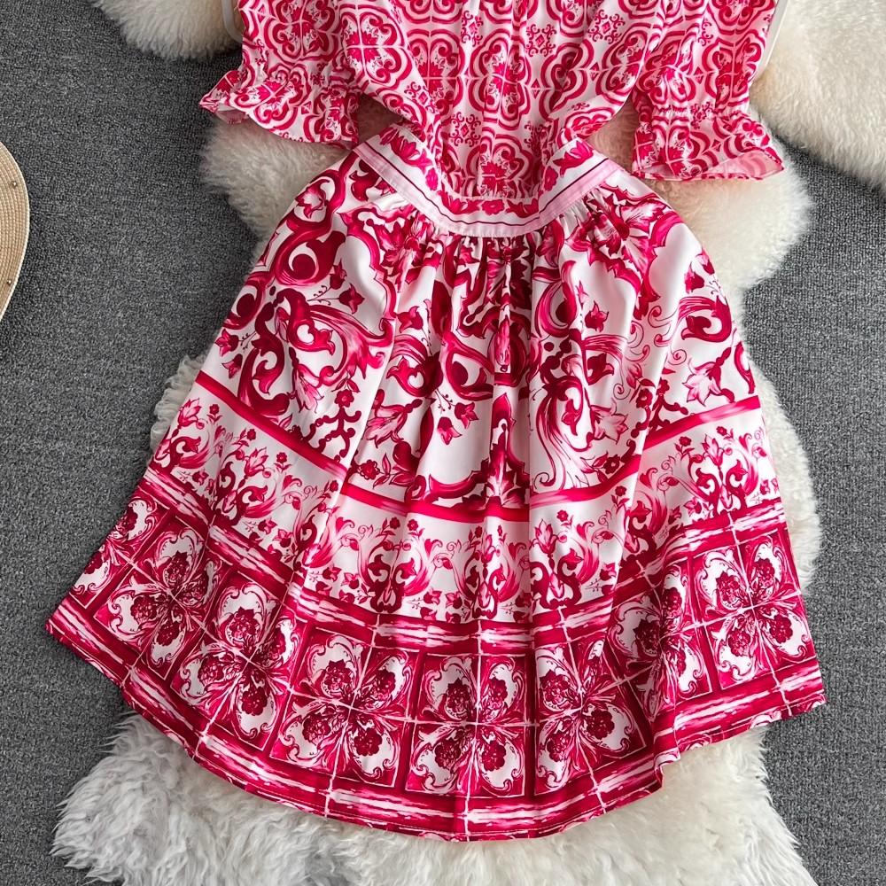 Летнее подиумное красно-синее фарфоровое вечернее платье, женские пляжные мини-платья с v-образным вырезом и расклешенными рукавами, оборками и пуговицами с цветочным принтом