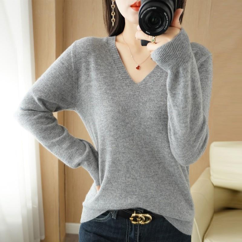 Women's Sweater Autumn Winter Knitted Pullovers V-neck Slim Fit Bottoming Shirt Solid Soft Knitwear Jumpers Basic Sweaters