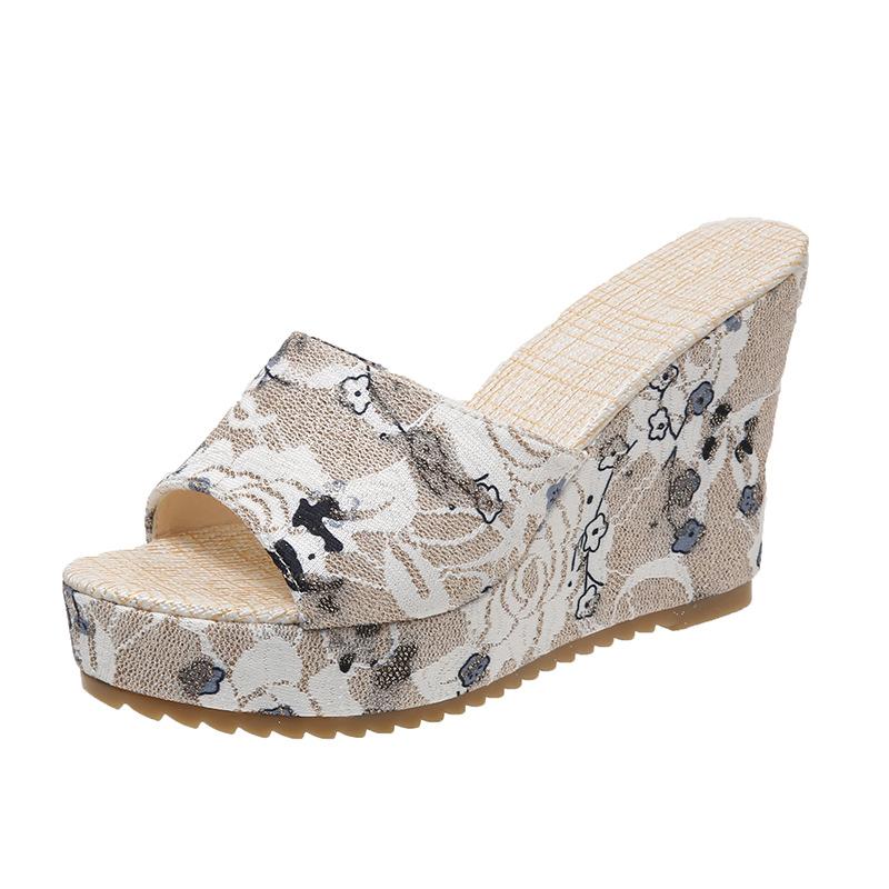 Large Slope Heel Printed Fashionable Slippers for Women In 2024, New Fashionable Thick Soled European and American Fish Mouth Roman Slippers