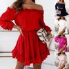 2022 Spring/Summer Women's Off-the-Shoulder Casual Solid Color Waist-Gathering Dress