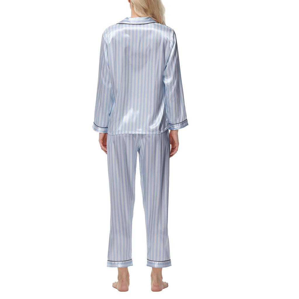 Атласный полосатый костюм из ледяного шелка с длинным рукавом, шелковая женская домашняя одежда