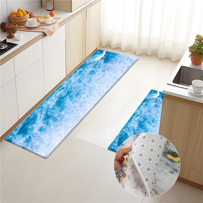 Коврик с волнами в морском стиле для кухни, пол, 3D морской принт, набор кухонных ковриков, губчатый материал, коврик для ванной комнаты, впитывающий нескользящий коврик