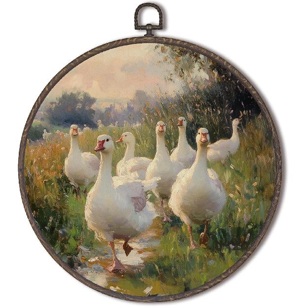 XNXLDYLH Vintage Mallard Duck Nursery Round Framed Wall Art Decor, Rustic Cottagecore Duck Hunting Hanging Wall Bathroom Decor Decorations, Farmhouse