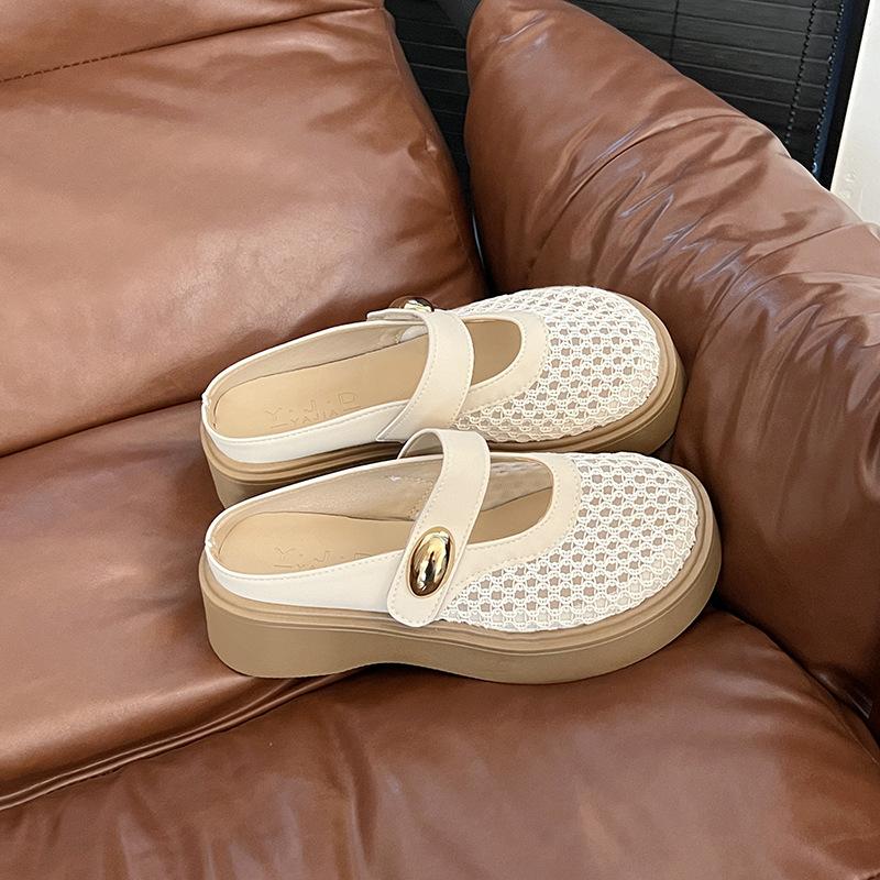 Hollow fishing net crocheted word belt Mary Jane single shoes women's summer 2025 new round head flat ballet shoes