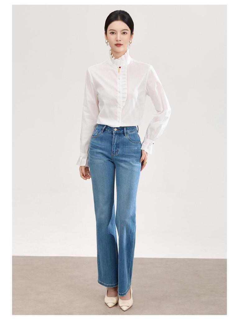 Women's Pure Cotton French Ruffle Trim Shirt - Spring Top with Micro Flare Long Sleeves