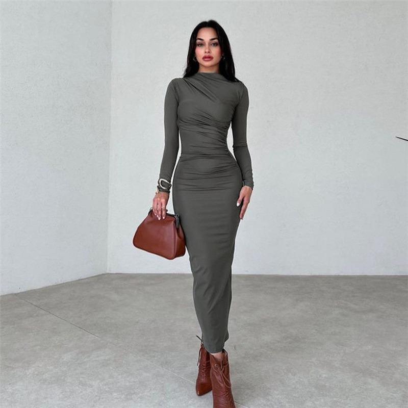 Spring Autumn Slim Fit High-end Feeling Solid Color Temperament Long Hip Hugging Dress for Women