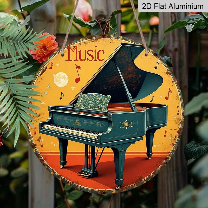 2D Flat Aluminum Decorative Plaques and Ornaments Sign, Hanging Wall Art with Classic Grand Piano Illustration, Retro Music Room Decor for Home