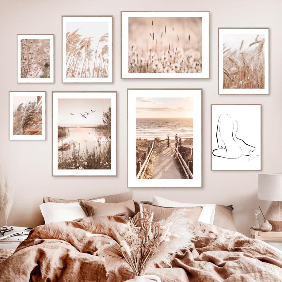 Хвост кролика, трава, тростник, закат, птица, цветок, пляж, настенные художественные принты, картина на холсте, линия, скандинавский постер, декор, картинки для гостиной