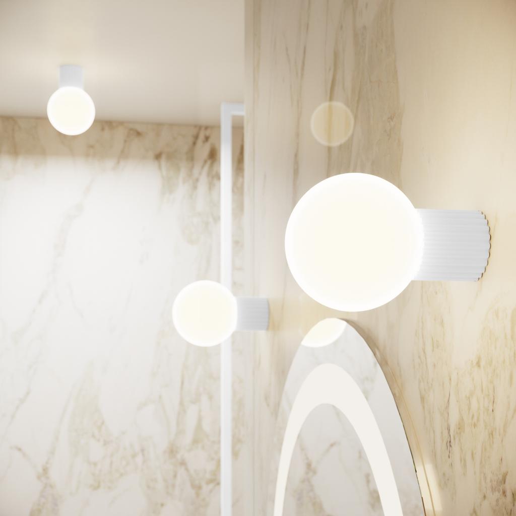 Kinkiet Ścienny Nowoczesny Biały Ryflowany Korpus Szklana Biała Kula Do Łazienki Przedpokoju 1Xg9 8W Ip44 Halo Sollux Lighting