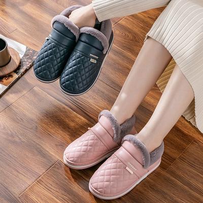 Водонепроницаемые тапочки зимние простые кожаные хлопковые домашние нескользящие теплые парные сумка с хлопком мужские и женские домашний досуг