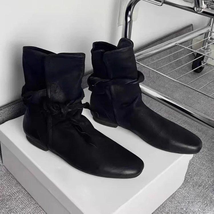 Vintage Design Bow Tie Short Boots Soft Sole Non-Slip Chelsea Boots French Black Flat Suede Botas Casual Comfort Women's Shoes