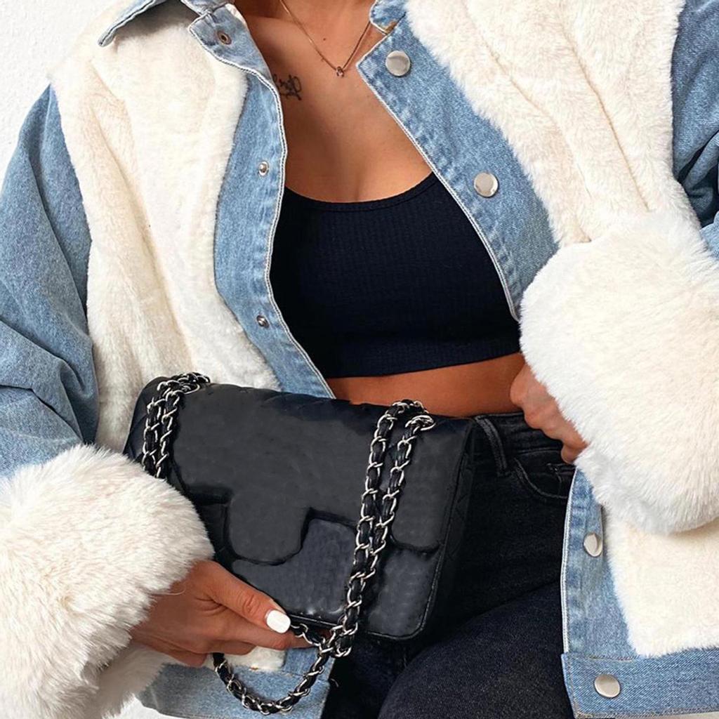 Fashion Women Casual Plush Patchwork Cardigan Outerwear Denim Jacket Coat