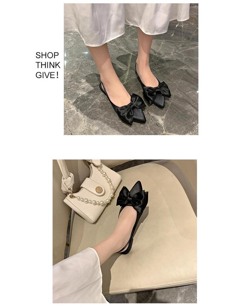 2022 Европейские женские шелковые босоножки с острым носком и бантом - Летние двухкомпонентные босоножки на квадратном каблуке