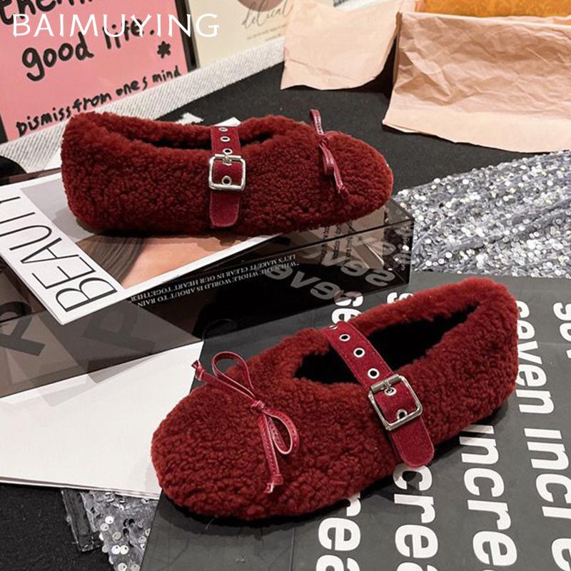 Женские туфли-лоферы с бантом из меха на плоской подошве, дизайнерская повседневная обувь из плюша, зимняя мода, новая обувь 2024 года, трендовое уютное платье с пряжкой для леди Zapatos