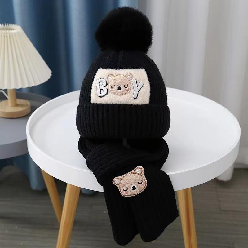 Autumn and Winter Children's Hat Boy Bear Wool Hat Girl Knitted Cotton Warm Baby Hat Scarf Two-piece Set