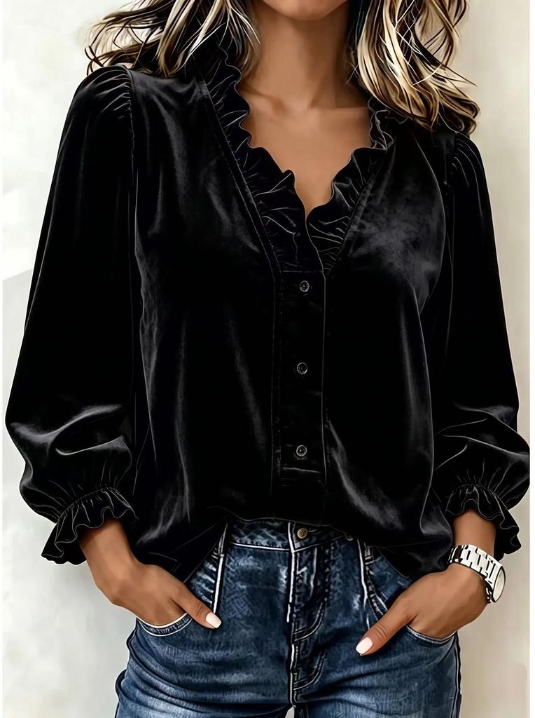 1116 Europe, America, women's new solid color velvet ruffle edge collar long-sleeved V-neck top with buttons