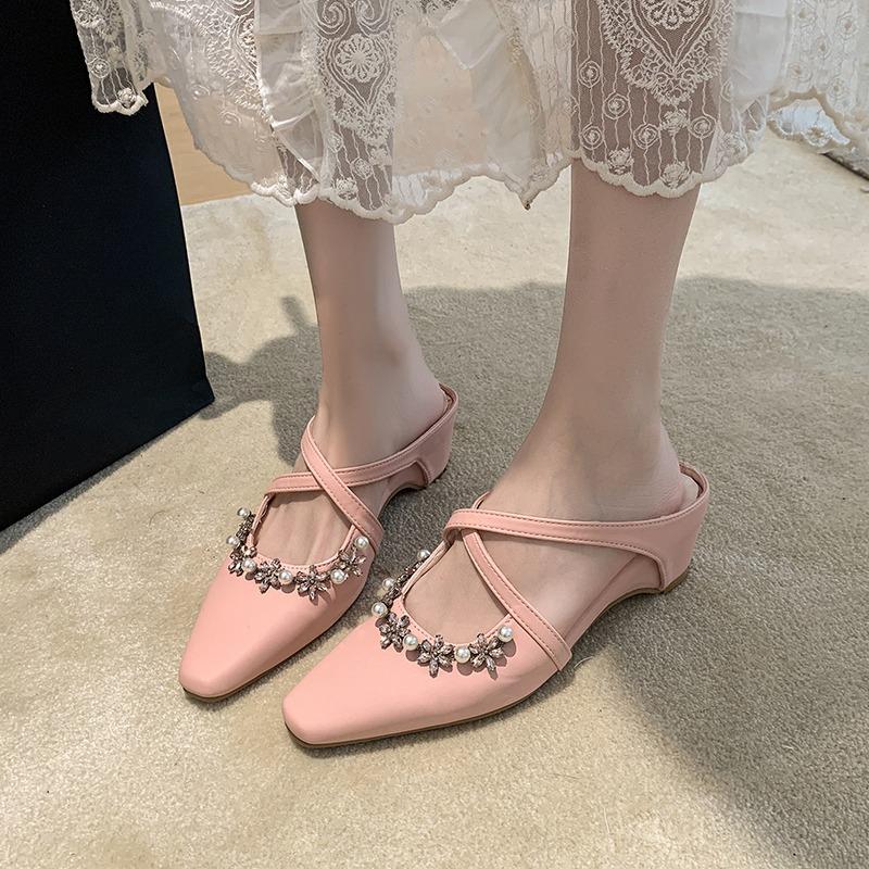 Плоские тапочки-высотки Осенние Новые с квадратным носком Мелкие Слипы Стразы Пряжка Перекрестный ремешок Ажурные Обернутые туфли