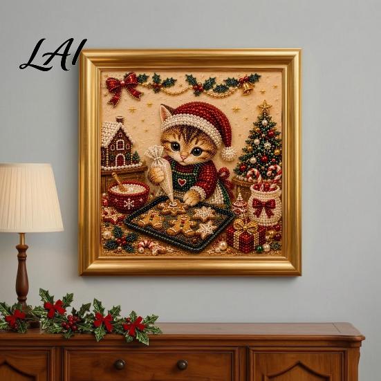 Relaxing Handmade Faux Pearl Sets Christmas Cat Art Kit with Frame Kitty Painting DIY Decorative Supplies Kit 3D Bead Wall Craft for Adults