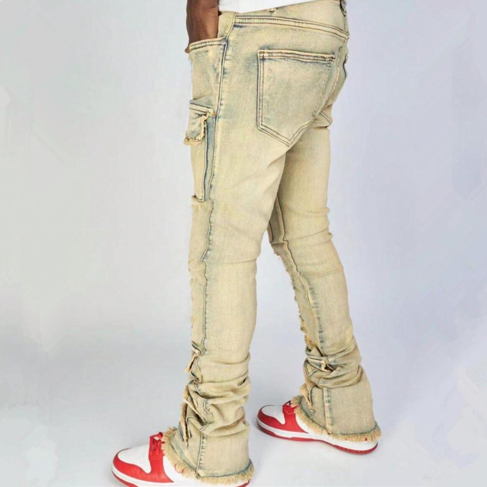 Streetwear Retro Style Men Ripped Spliced Slim Jeans Trousers Hip Hop Holes Stylish Denim Pants for Male