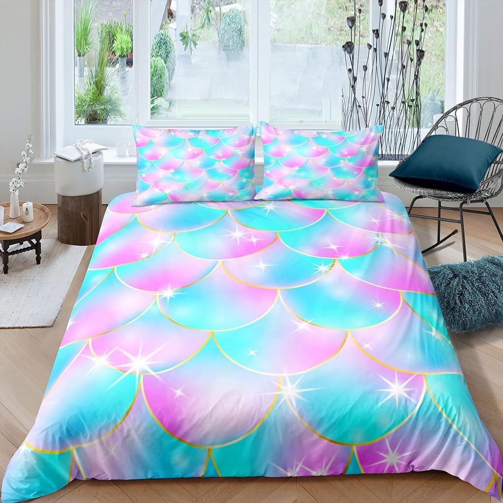 Fish Scales Duvet Cover Set Bedding Set Colorful Mermaid Scale Quilt Cover Pillowcase Queen Size Girls 2/3pcs Comforter Cover