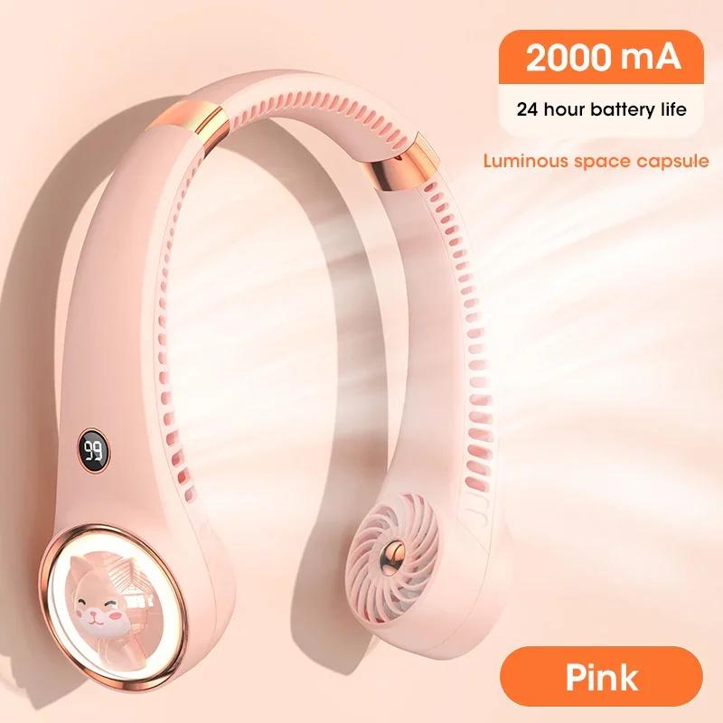 Безлопастной шейный вентилятор 2000 мАч USB перезаряжаемый цифровой дисплей милый котик подвесной мини для путешествий офиса