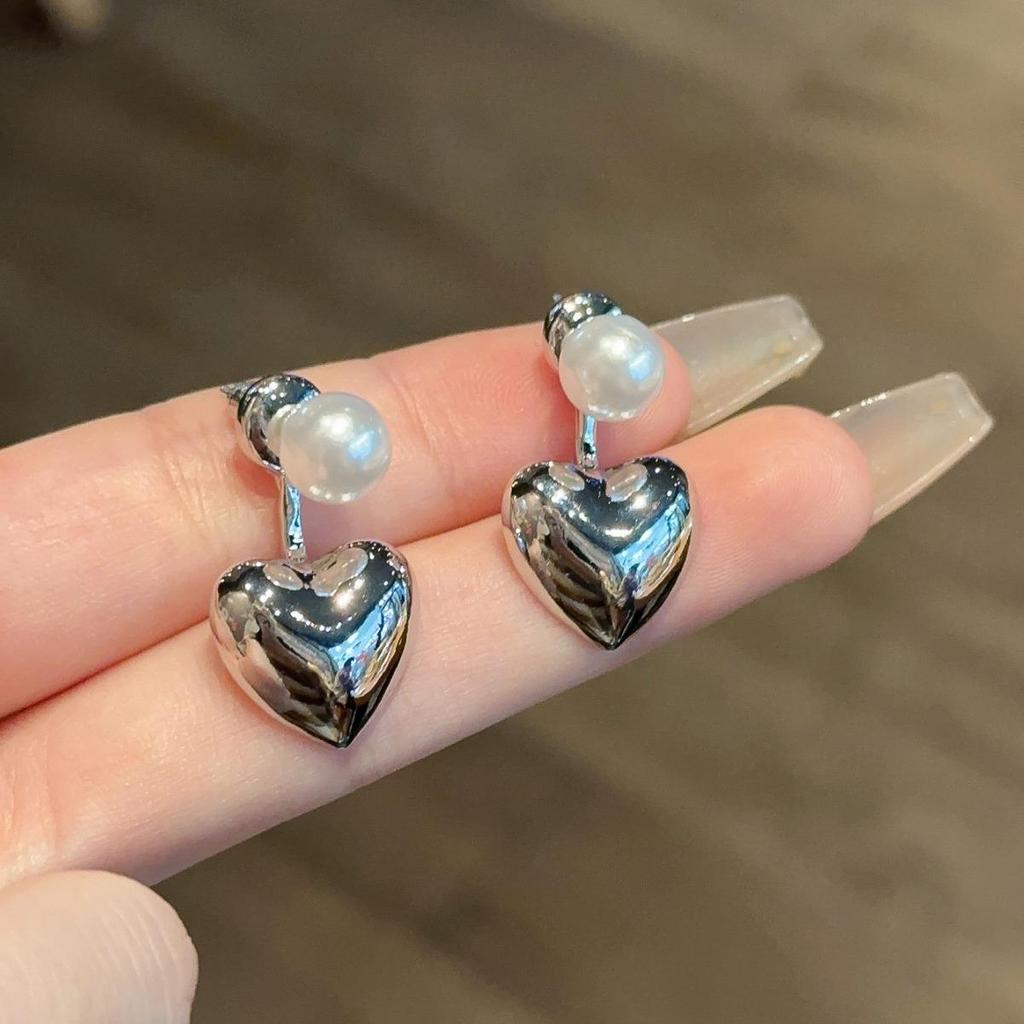 Серьги-гвоздики «два в одном» с жемчугом для женщин, серебристого цвета, металлическое сердце 2 в 1, милое изысканное модное новое украшение для ушей