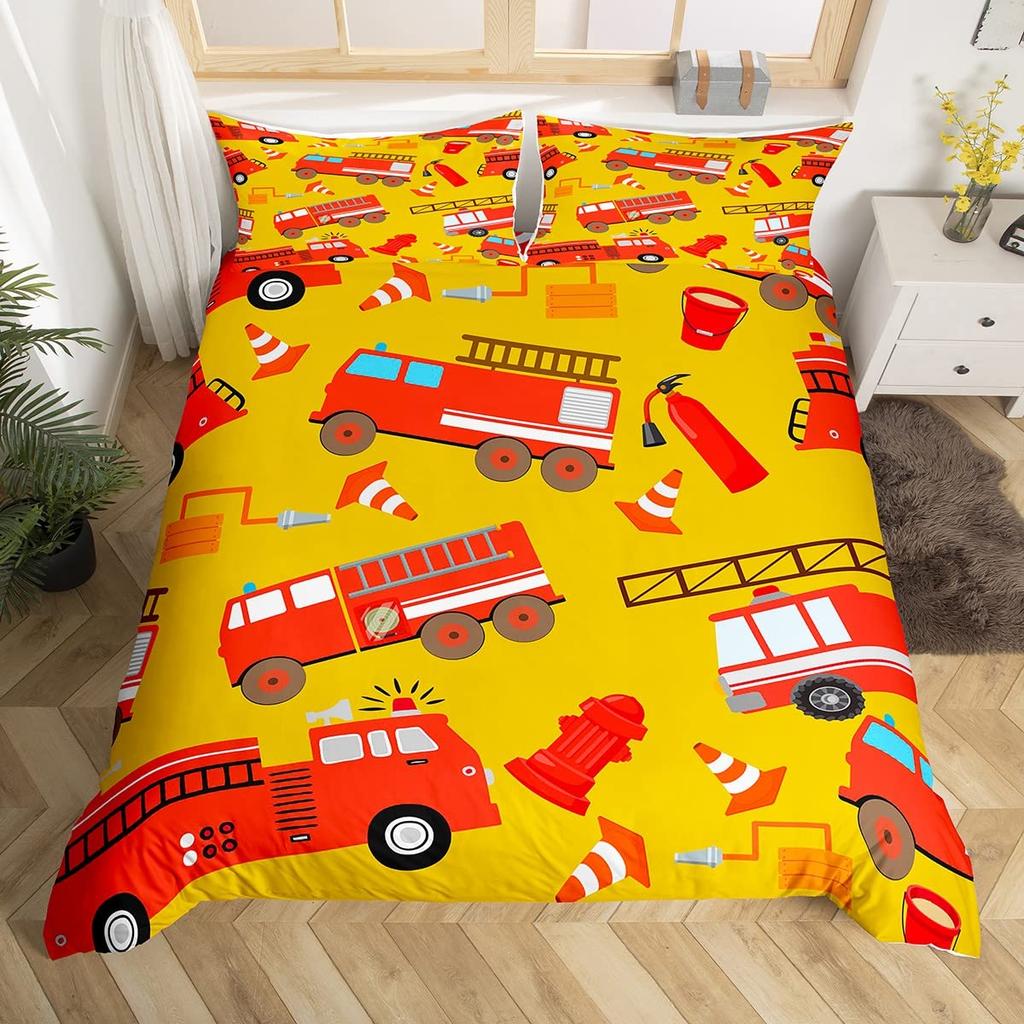 Fire Truck Bedding SetBurning Flames Duvet Cover for Kids Fire Engine Comforter Cover Red Truck Quilt Cover with 2 Pillowcases
