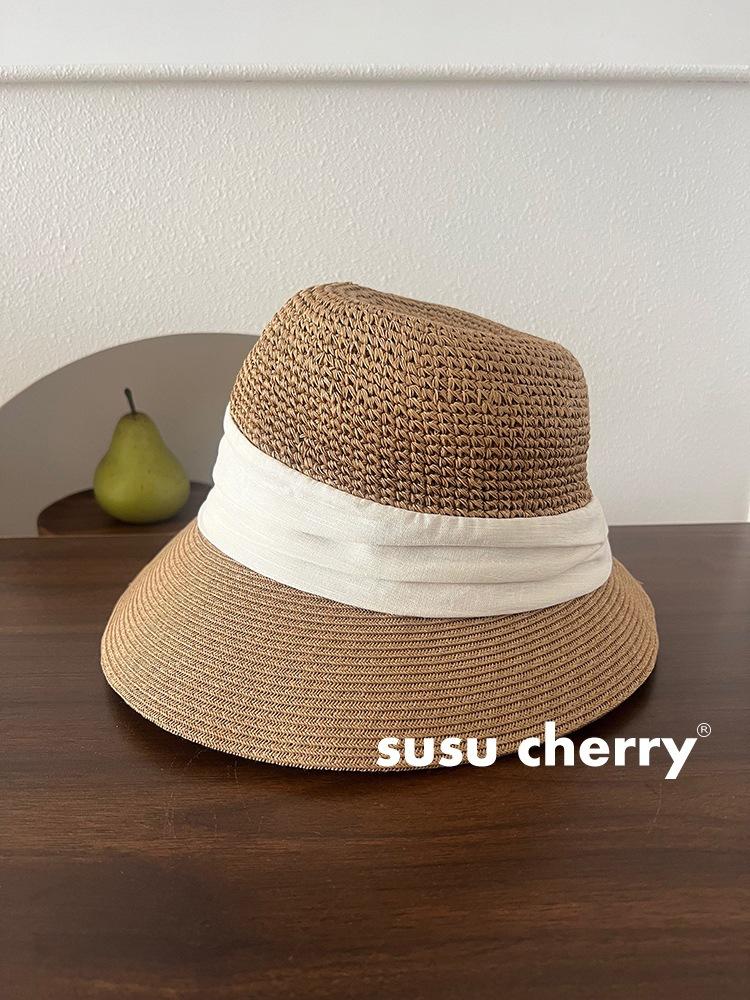 Vintage eaves straw bucket hat women's summer vacation wind seaside beach visor pleated sunscreen straw hat