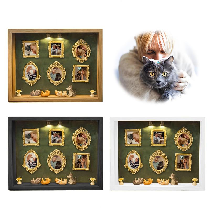 DIY Cat Mini Museum Silhouette Box, Familyand Cat Memory Photo Display Case Frame Silhouette Box With Light