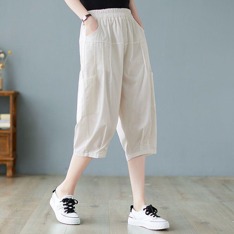 Женские летние литературные брюки большого размера из хлопка и льна, повседневные, свободные, с высокой талией, утягивающие, универсальные, в корейском стиле, с семью точками, шаровары