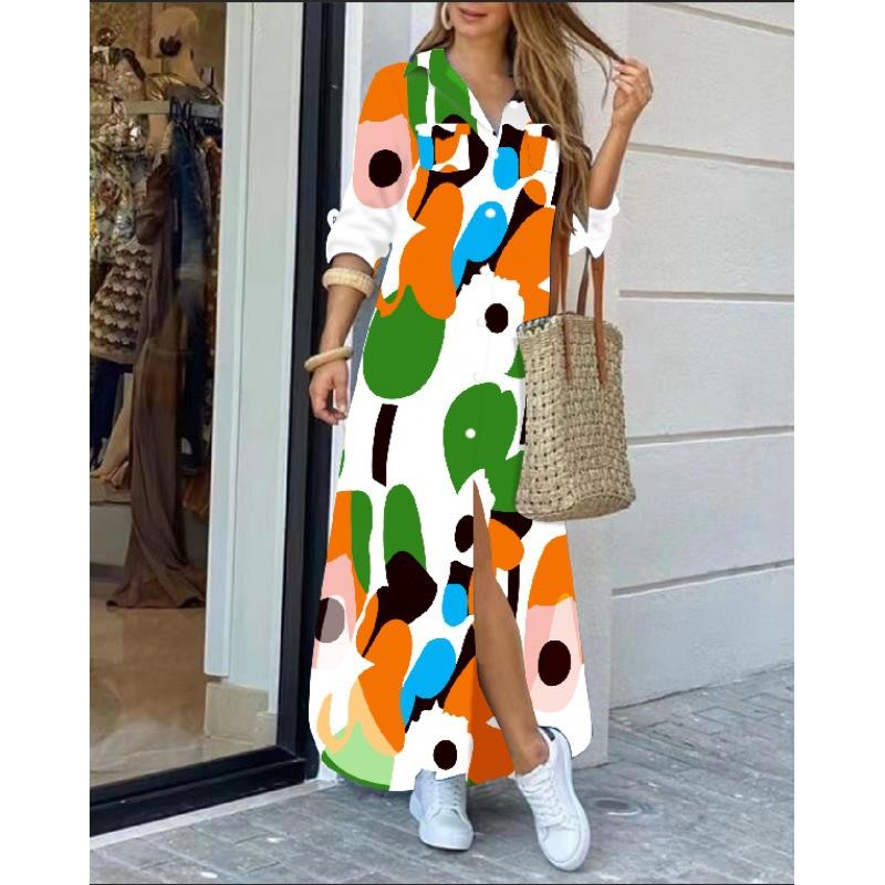 Женское повседневное повседневное платье-рубашка с длинными рукавами и отложным воротником на пуговицах и цепочках с принтом, модная уличная одежда, свободное длинное платье