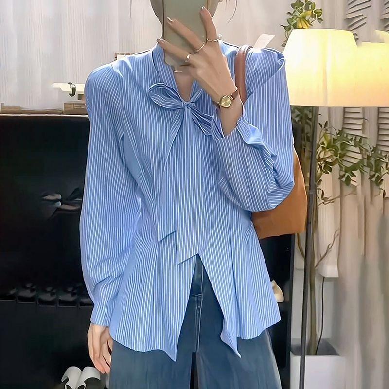 Женские полосатые синие рубашки с бантом, модные блузки с длинными рукавами, женские офисные весенние топы с защипами и талией