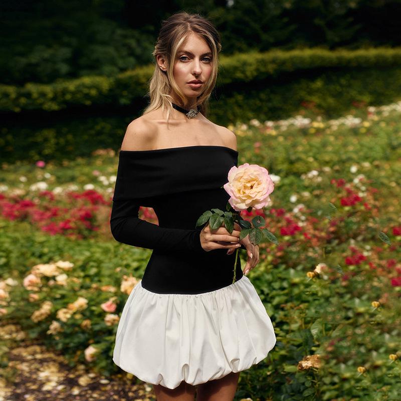 Европейское и американское сексуальное платье-баллон с открытыми плечами, черно-бежное лоскутное, приталенное - с длинным рукавом, коллекция осень/зима.