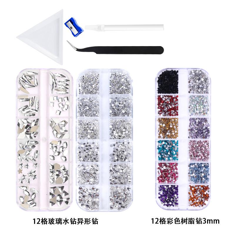 12 Grid White Rhinestone Special-Shaped Diamond, Colored Resin Diamond, Flat-Bottomed Diamond, Nail Diamond Set, Nail Jewelry With Tools