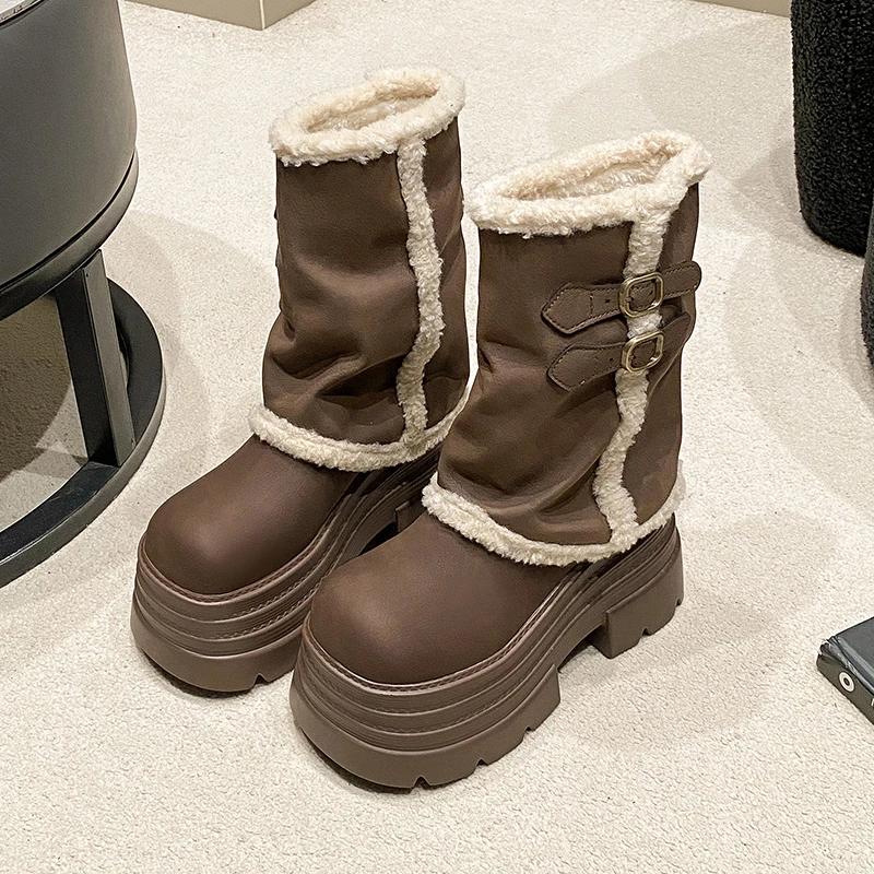 Fur Super High Heels Women High Boots Brand Platform Plush Warm Leather Shoes Winter 2025 Trend Goth Chelsea Fashion Botas Mujer