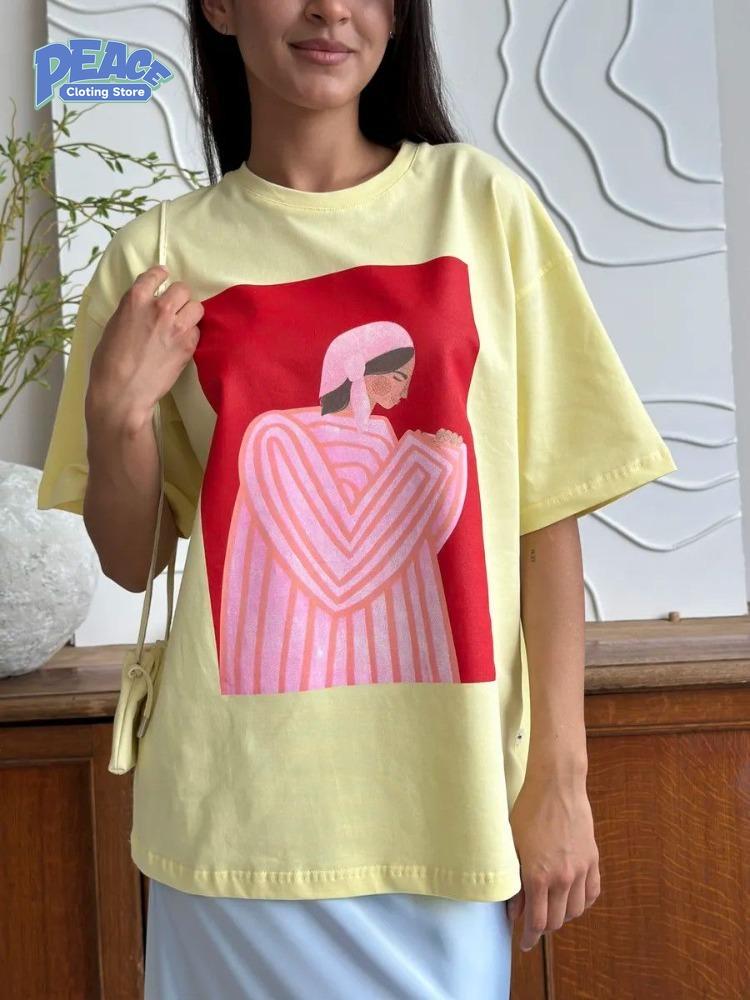 Retro Casual Printed T-shirt Women's Clothing 100% Cotton T-shirt Summer Fashion Short Sleeve Top Harajuku Commute Graphic Tee