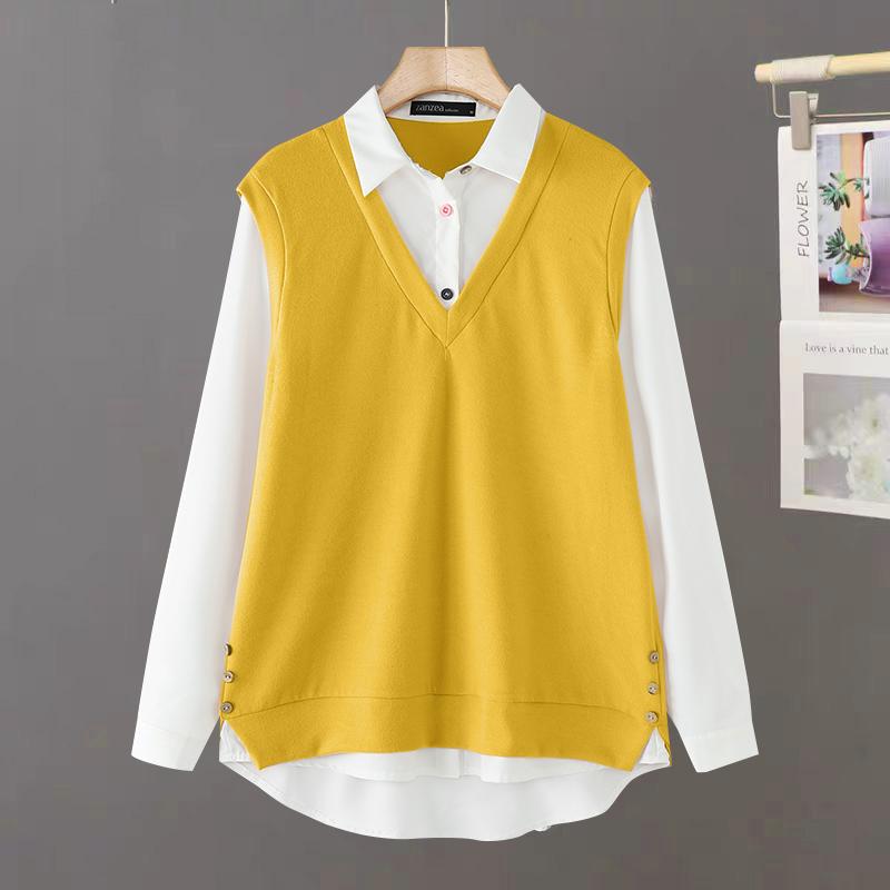 ZANZEA Женские винтажные поддельные рубашки-двойки с длинным рукавом контрастного цвета