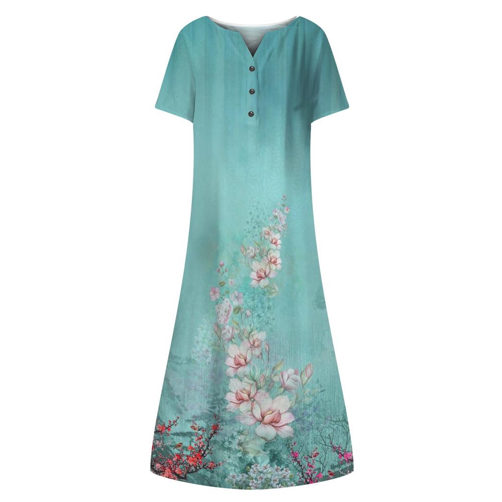 Women's Summer Casual Printing Fashion V-neck Short Sleeved Beach Swing Skirt